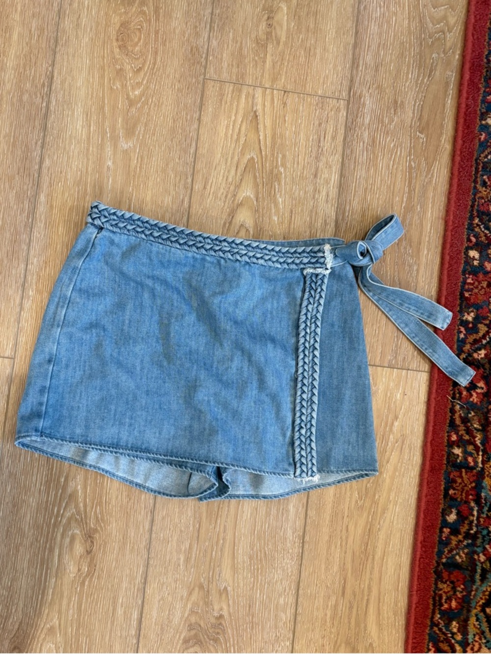 Braided Trim Denim Wrap Skort in Light Blue